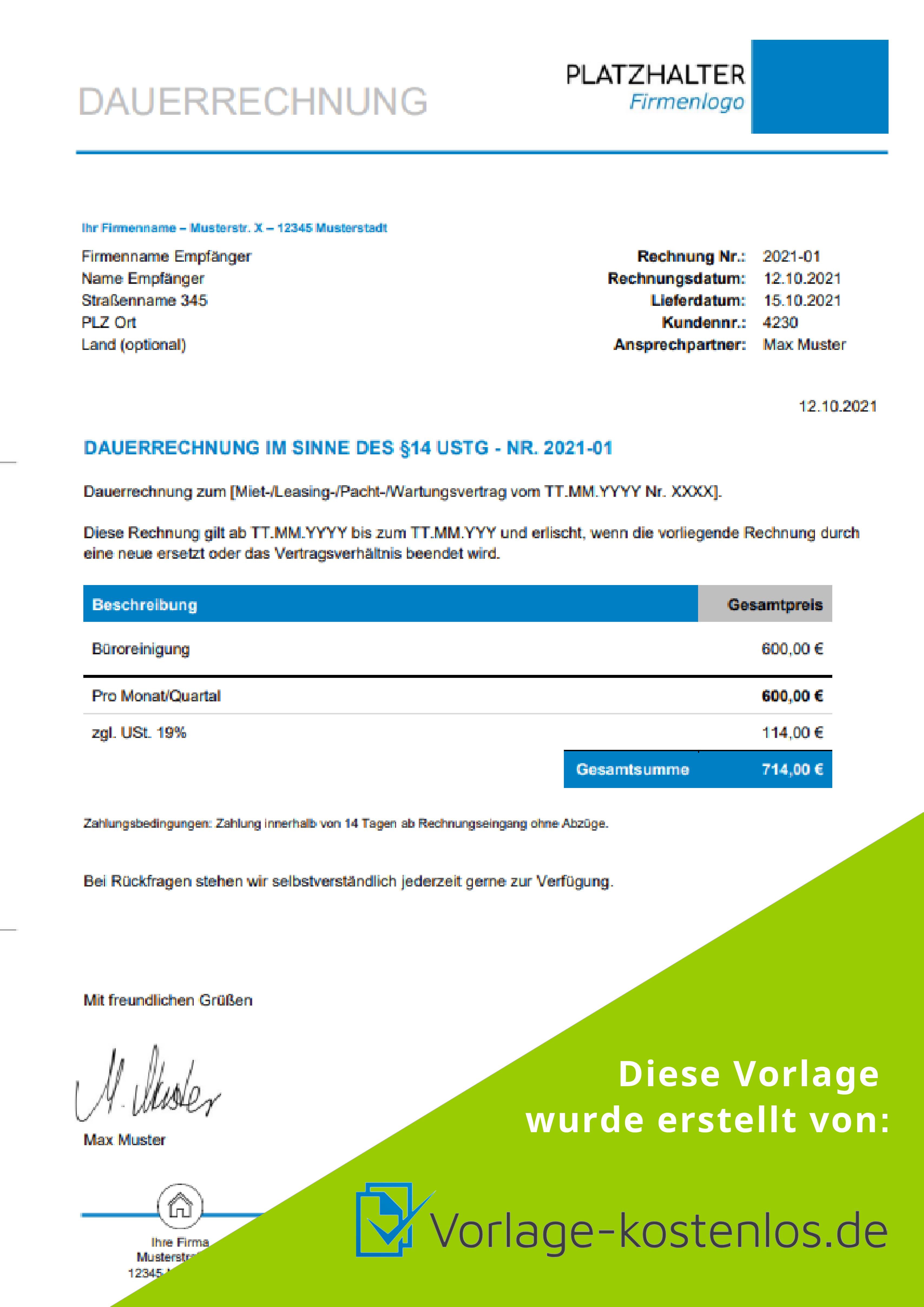 Dauerrechnung Muster-Beispiel & Vordruck zum Download von vorlage-kostenlos.de