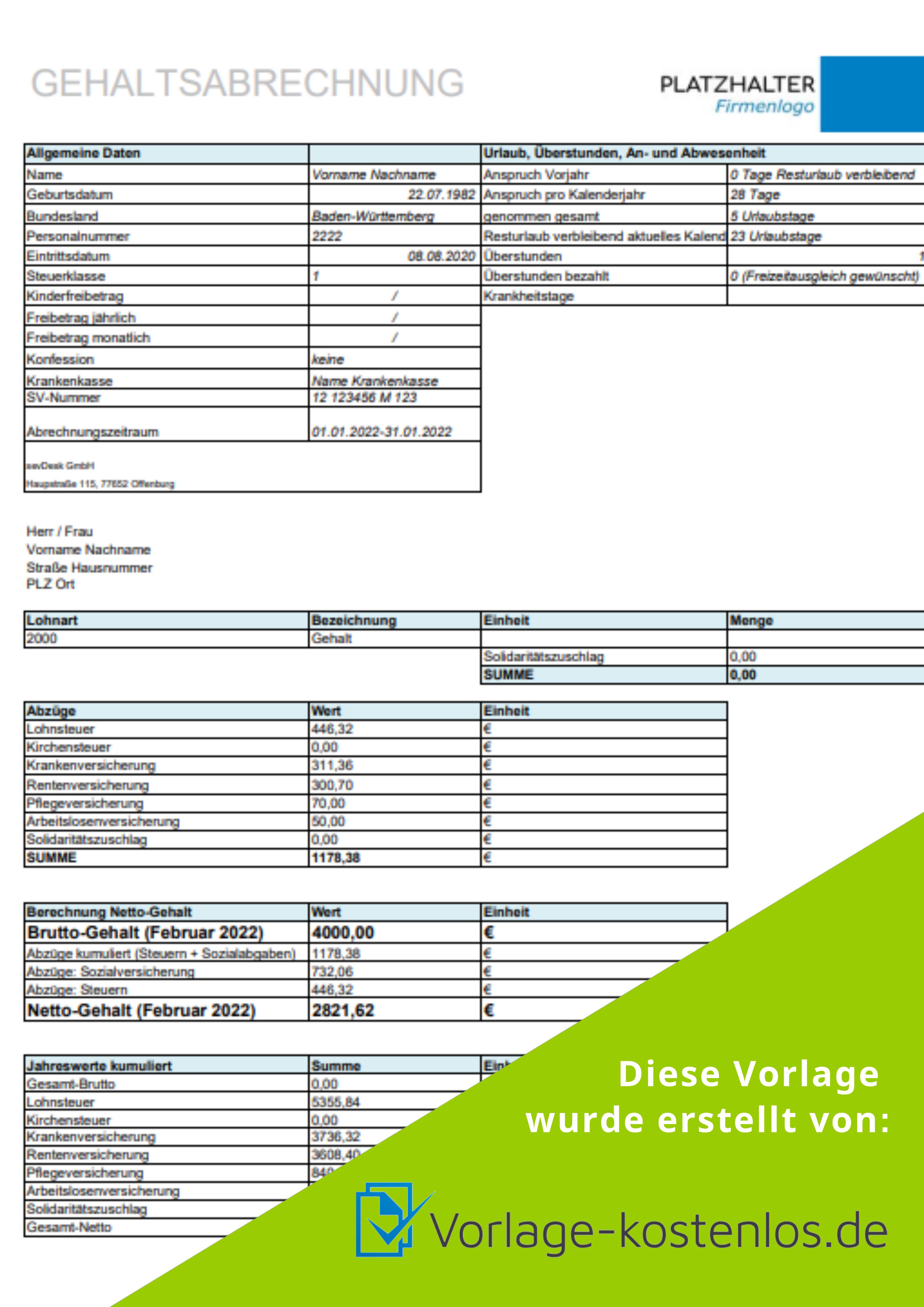 Gehaltsabrechnung Muster Muster-Beispiel & Vordruck zum Download von vorlage-kostenlos.de