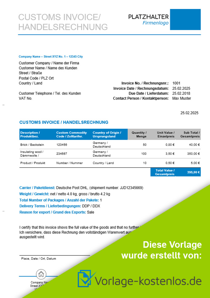 Handelsrechnung Muster-Beispiel & Vordruck zum Download von vorlage-kostenlos.de
