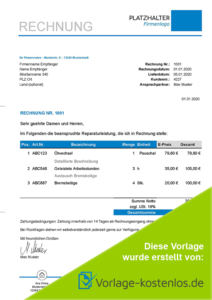 kostenloses kfz rechnung muste fuer autoverkauf und reperatur