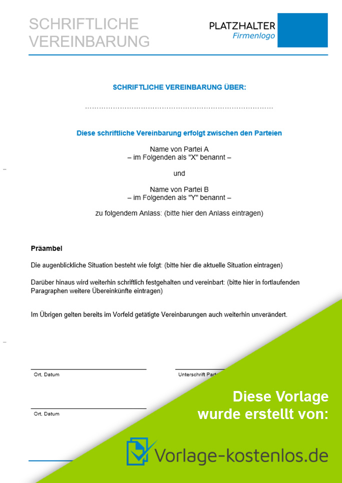 Schriftliche Vereinbarung Muster-Beispiel & Vordruck zum Download von vorlage-kostenlos.de