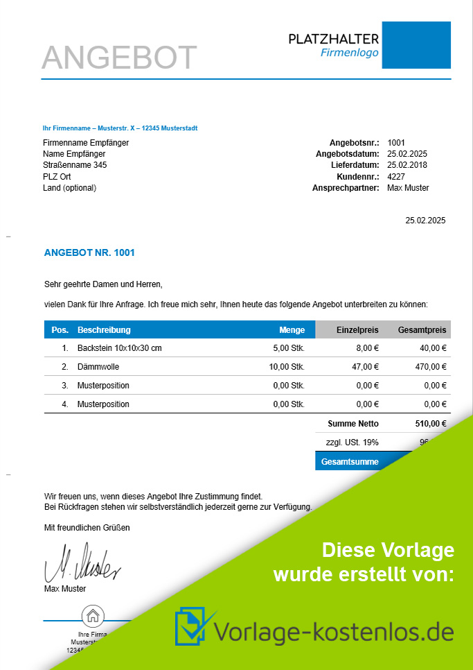 Angebot Muster-Beispiel & Vordruck zum Download von vorlage-kostenlos.de